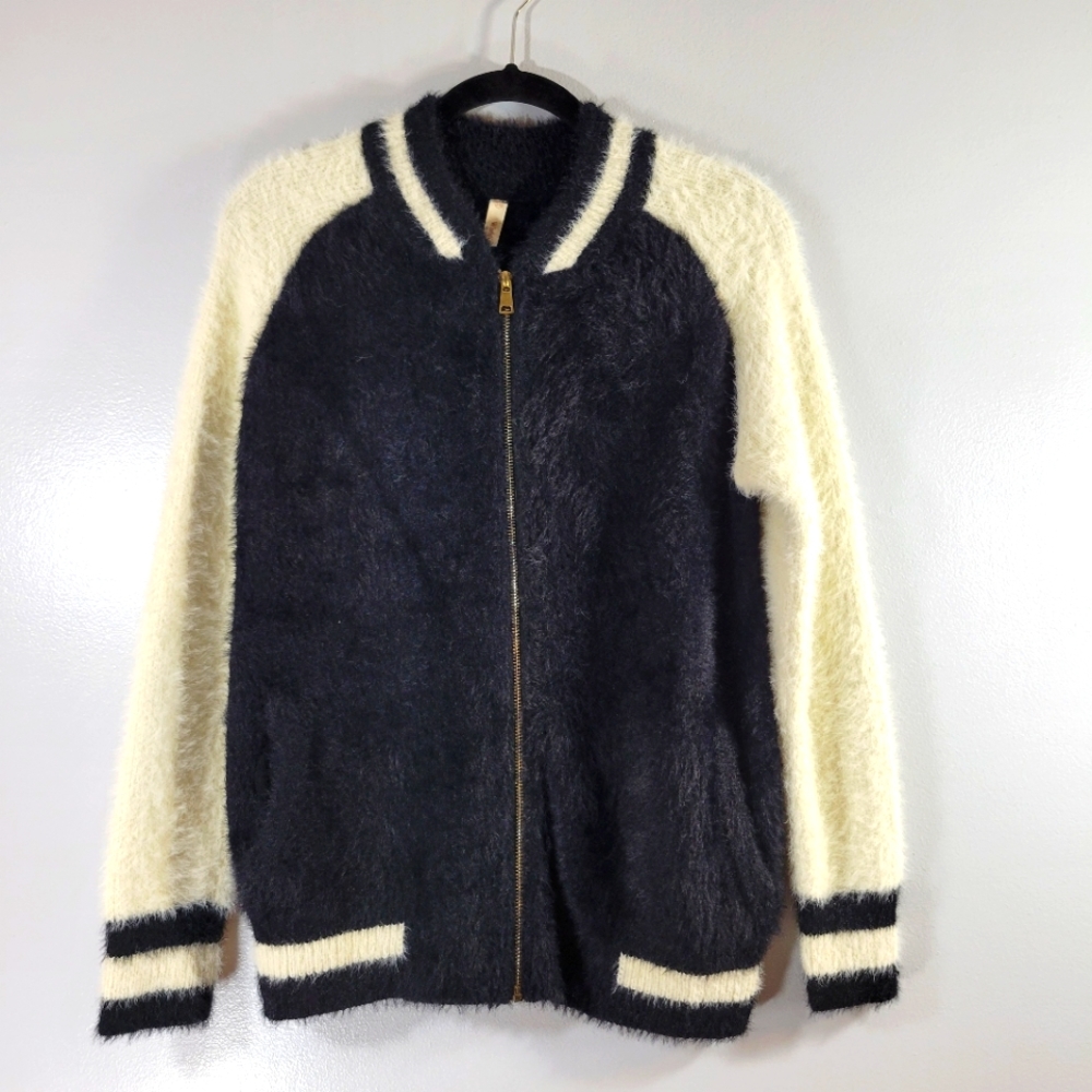 WISHLIST black soft eyelash knit color block zip front varsity bomber jacket